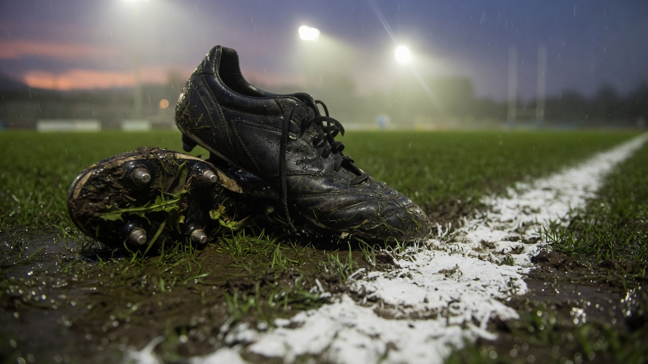 Muddy rugby boots on a chalk sideline